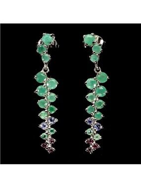 Stunning Natural Emerald Tanzanite Garnet Drop Earrings 925 Sterling Silver